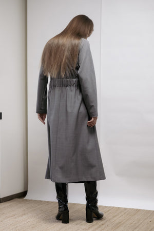 Grey virgin wool dress with kimono sleeves and belt. Lightweight fabric, can be worn as a dress or long jacket. Made in Estonia.