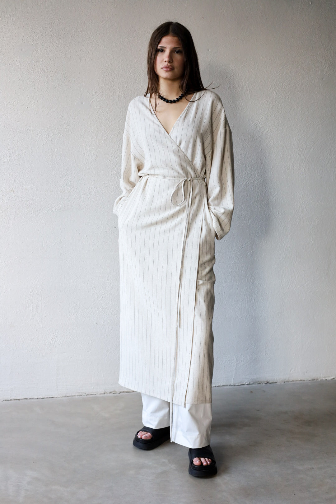 Wrap dress in striped linen crepe
