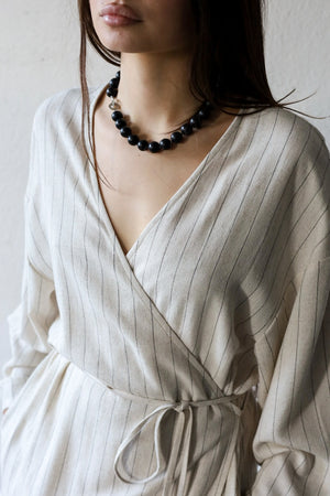 Wrap dress in striped linen crepe