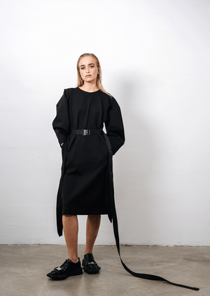 Volume sleeve jersey dress in black