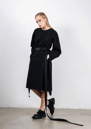 Volume sleeve jersey dress in black