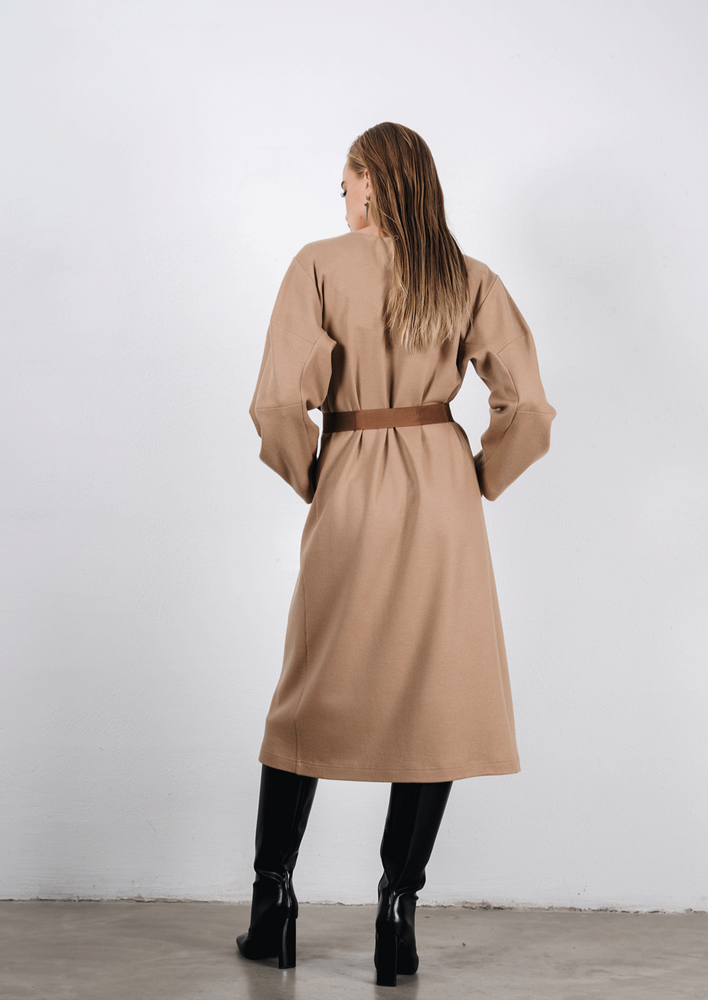 Volume sleeve wool jersey dress in beige