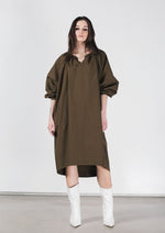 Puff-sleeve cotton dress in olive